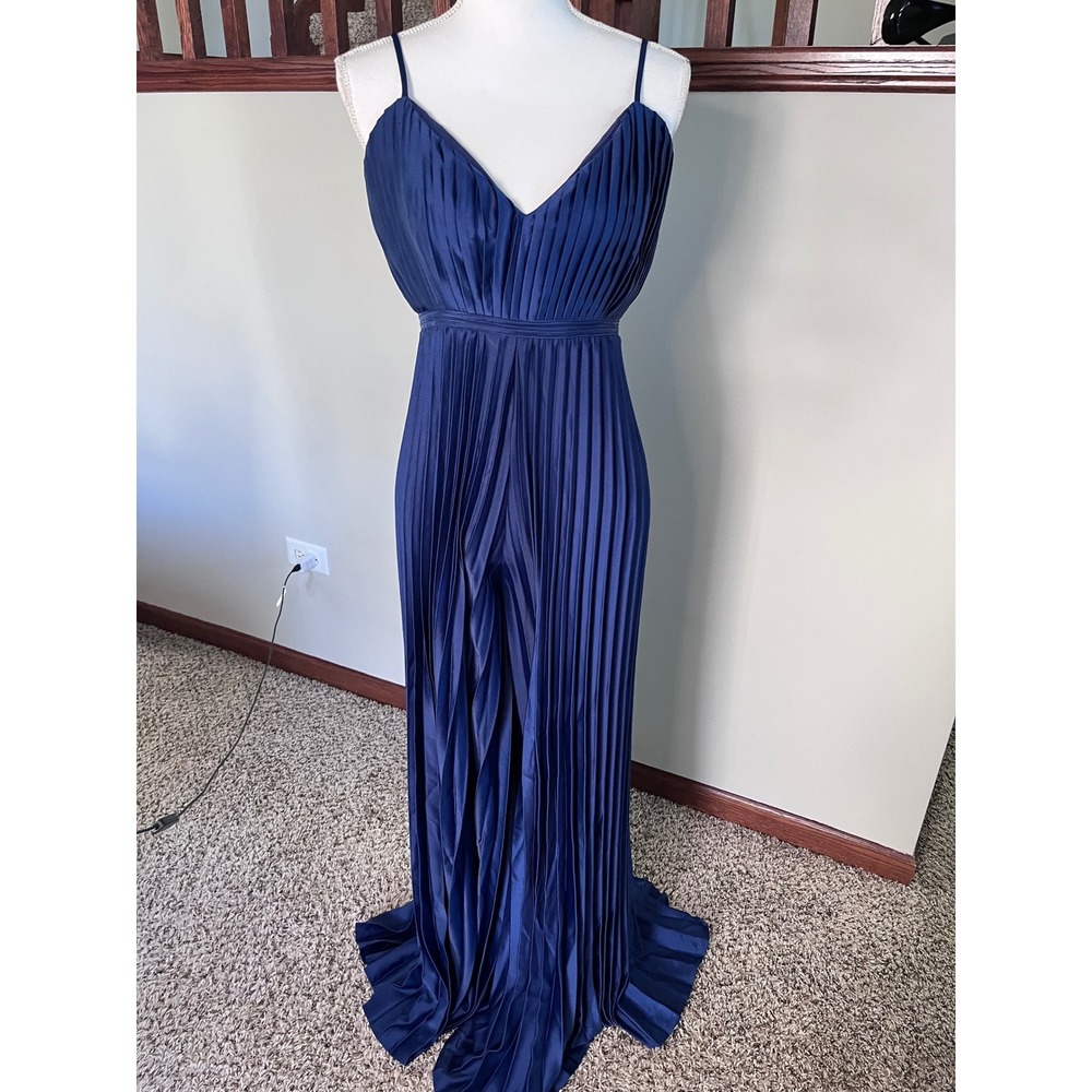 Boohoo Navy Blue Pleated Wide Leg Jumpsuit Satin Formal Evening Jumpsuit Size 6